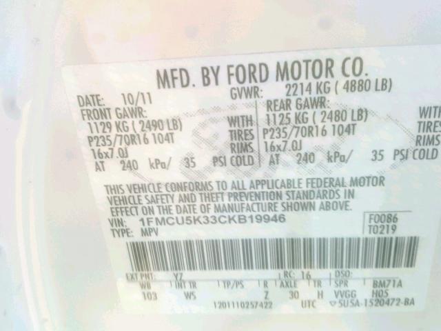 1FMCU5K33CKB19946 - 2012 FORD ESCAPE HYB WHITE photo 10