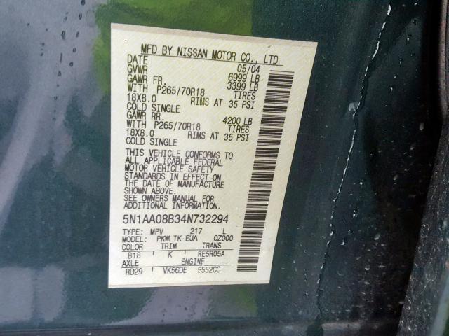 5N1AA08B34N732294 - 2004 NISSAN ARMADA SE GREEN photo 10