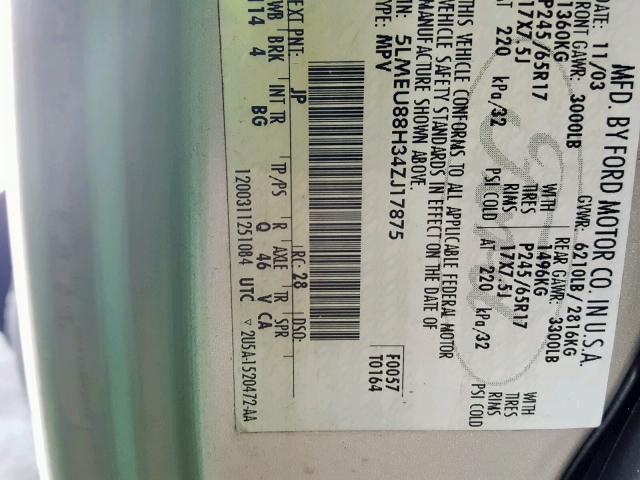 5LMEU88H34ZJ17875 - 2004 LINCOLN AVIATOR 银色 照片 10