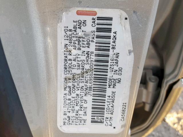 JT8BL69S820009778 - 2002 LEXUS GS 430 SILVER photo 10