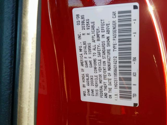 1HGCS11858A014212 - 2008 HONDA ACCORD EXL RED photo 10