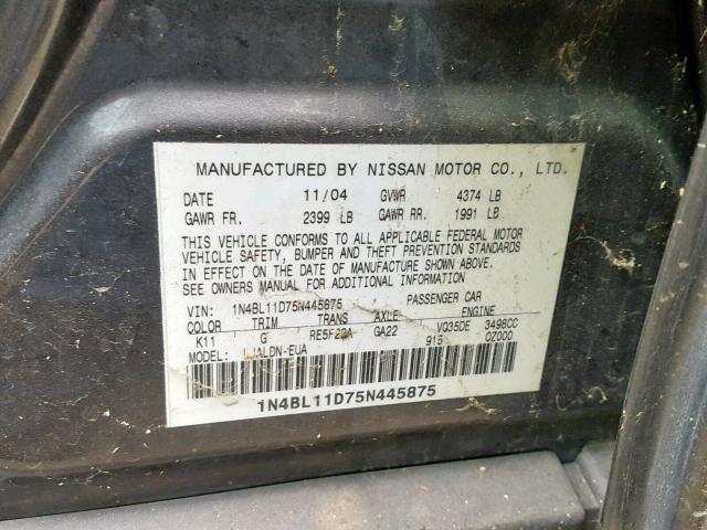 1N4BL11D75N445875 - 2005 NISSAN ALTIMA SE SILVER photo 10