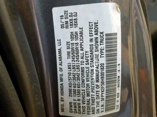 5FPYK2F58HB001820 - 2017 HONDA RIDGELINE GRAY photo 10