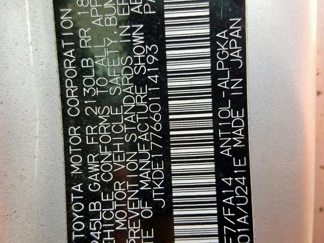 JTKDE177660114193 - 2006 TOYOTA SCION TC 银色 照片 10