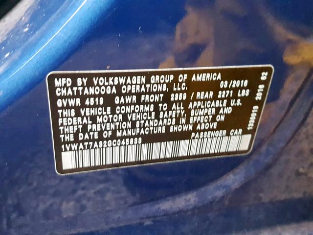 1VWAT7A32GC045833 - 2016 VOLKSWAGEN PASSAT S BLUE photo 10