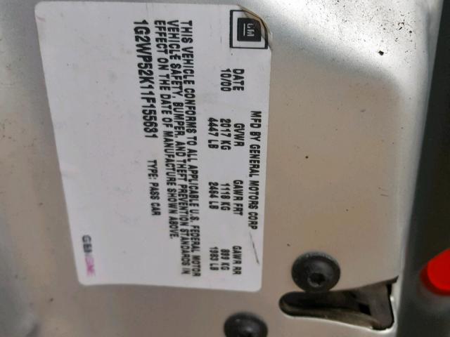 1G2WP52K11F155631 - 2001 PONTIAC GRAND PRIX BLACK photo 10