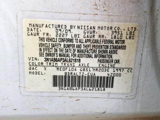 3N1AB6AP3AL621818 - 2010 NISSAN SENTRA 2.0 WHITE photo 10