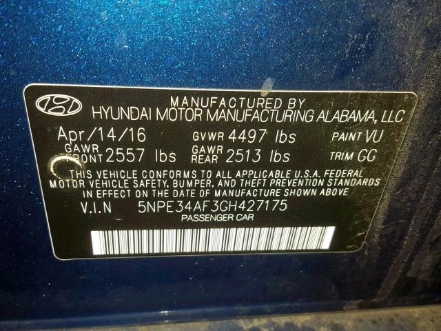 5NPE34AF3GH427175 - 2016 HYUNDAI SONATA SPO BLUE photo 10