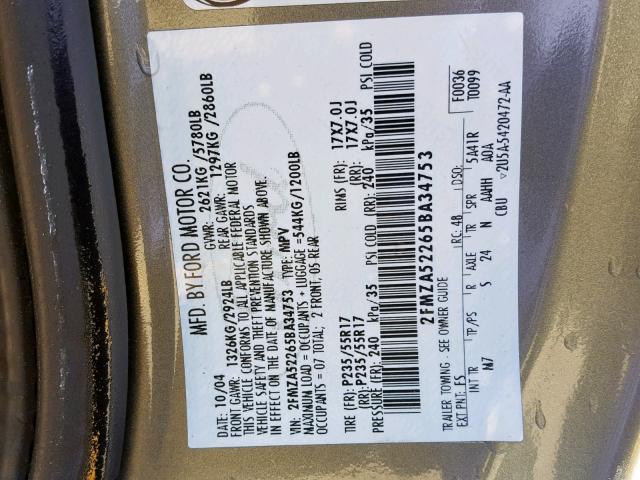 2FMZA52265BA34753 - 2005 FORD FREESTAR S GREEN photo 10