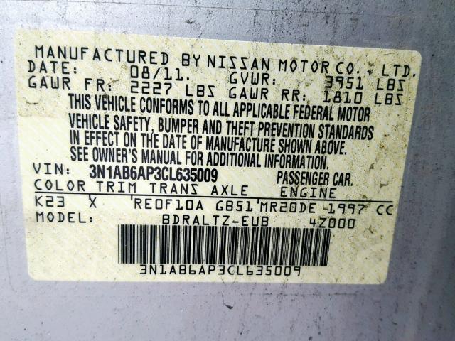 3N1AB6AP3CL635009 - 2012 NISSAN SENTRA 2.0 SILVER photo 10