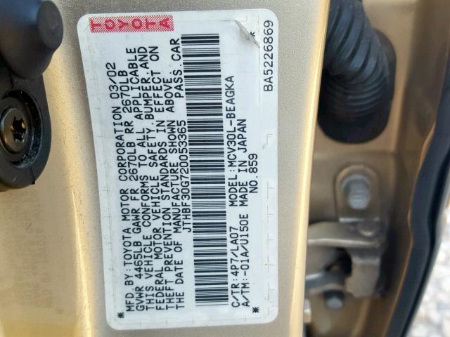 JTHBF30G720053365 - 2002 LEXUS ES 300 GOLD photo 10