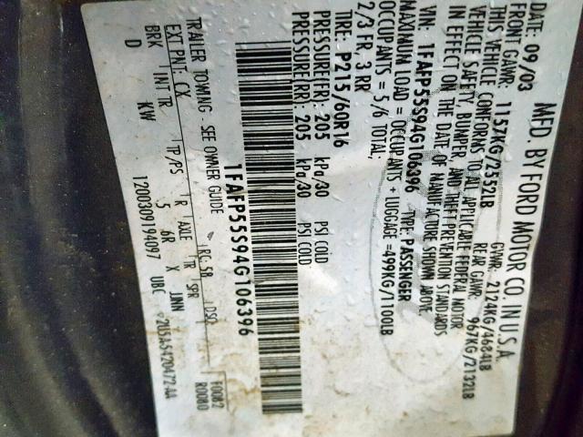 1FAFP55S94G106396 - 2004 FORD TAURUS SES GRAY photo 10