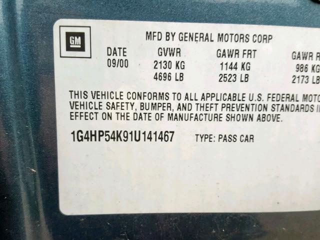 1G4HP54K91U141467 - 2001 BUICK LESABRE CU BLUE photo 10