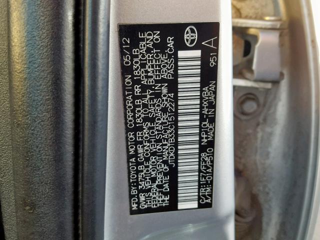 JTDKDTB33C1512274 - 2012 TOYOTA PRIUS C SILVER photo 10