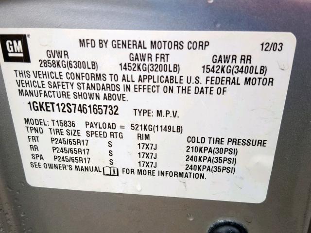 1GKET12S746165732 - 2004 GMC ENVOY XUV SILVER photo 10