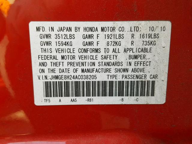 JHMGE8H24AC038205 - 2010 HONDA FIT RED photo 10