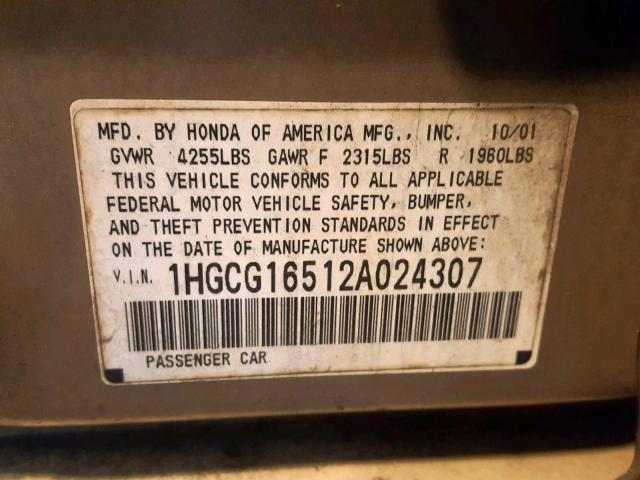 1HGCG16512A024307 - 2002 HONDA ACCORD EX GOLD photo 10