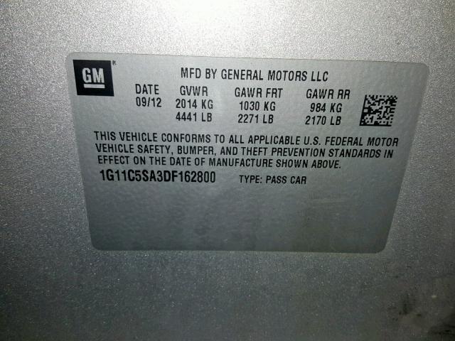 1G11C5SA3DF162800 - 2013 CHEVROLET MALIBU 1LT GRAY photo 10