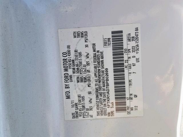 1FTKR1AD7BPB02699 - 2011 FORD RANGER WHITE photo 10