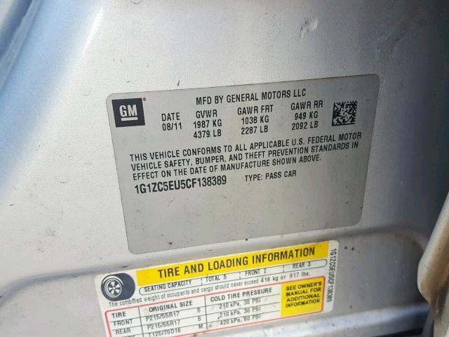 1G1ZC5EU5CF138389 - 2012 CHEVROLET MALIBU 1LT SILVER photo 10