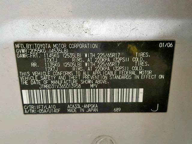 JTMBD31V365013958 - 2006 TOYOTA RAV4 LIMIT SILVER photo 10