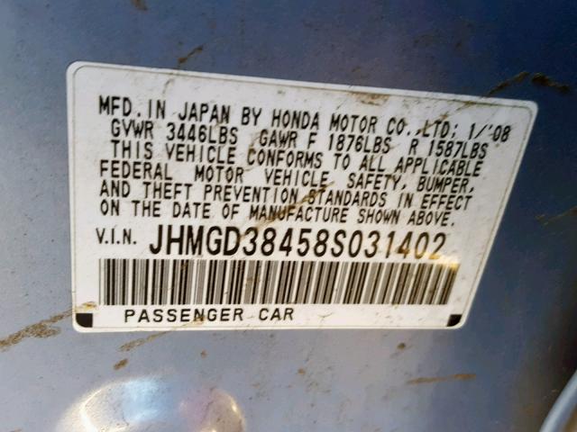 JHMGD38458S031402 - 2008 HONDA FIT BLUE photo 10