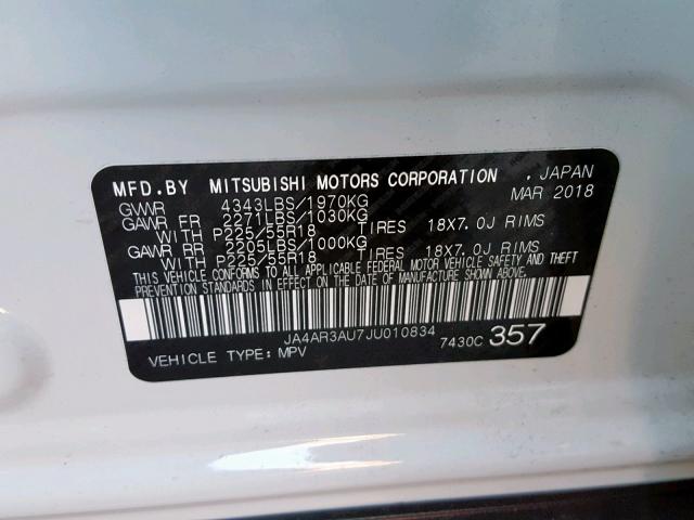 JA4AR3AU7JU010834 - 2018 MITSUBISHI OUTLANDER WHITE photo 10