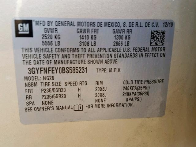 3GYFNFEY0BS585231 - 2011 CADILLAC SRX PREMIU BEIGE photo 10