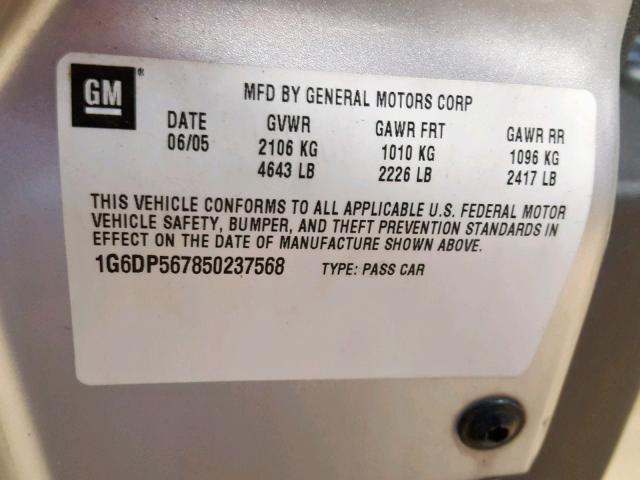 1G6DP567850237568 - 2005 CADILLAC CTS HI FEA SILVER photo 10