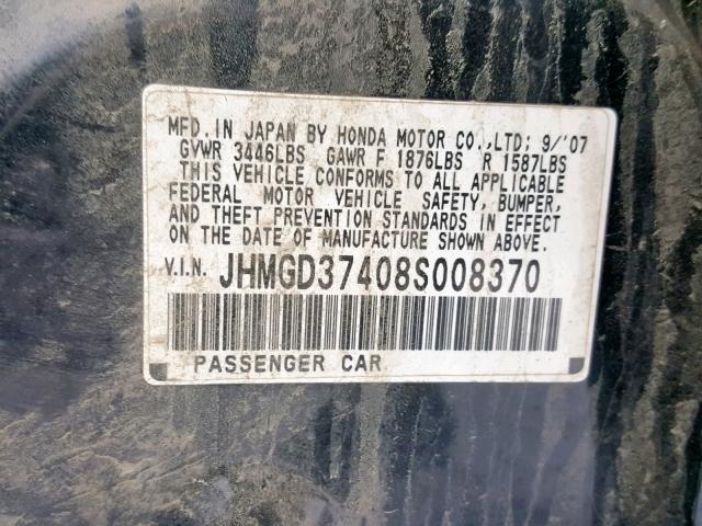 JHMGD37408S008370 - 2008 HONDA FIT BLACK photo 10