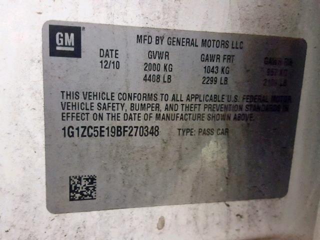 1G1ZC5E19BF270348 - 2011 CHEVROLET MALIBU 1LT WHITE photo 10