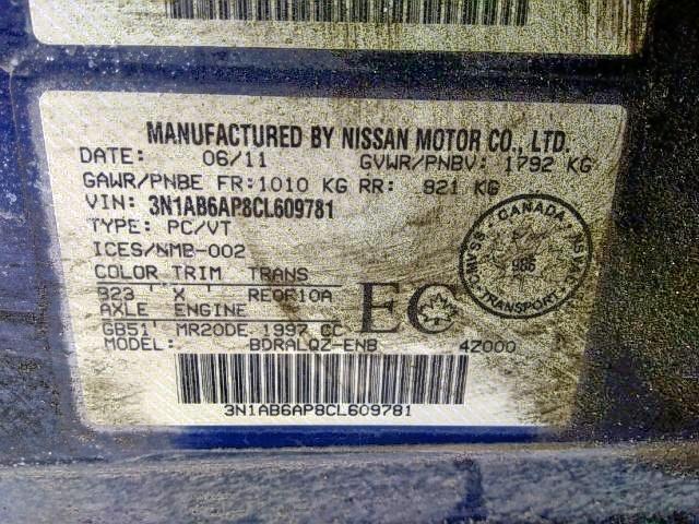 3N1AB6AP8CL609781 - 2012 NISSAN SENTRA 2.0 BLUE photo 9