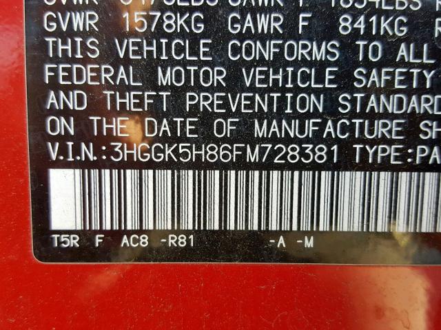 3HGGK5H86FM728381 - 2015 HONDA FIT EX RED photo 10