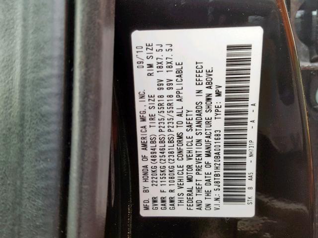 5J8TB1H20BA001683 - 2011 ACURA RDX BLACK photo 10