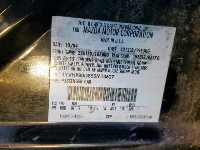 1YVHP80D855M13627 - 2005 MAZDA 6 S BLACK photo 10