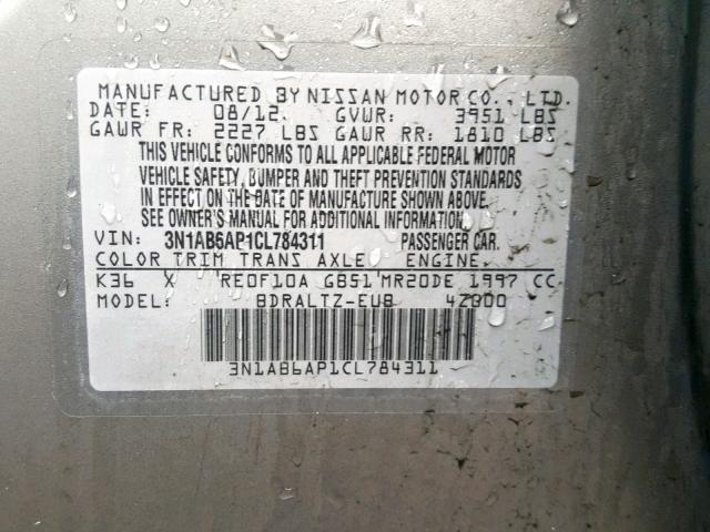 3N1AB6AP1CL784311 - 2012 NISSAN SENTRA 2.0 GRAY photo 10