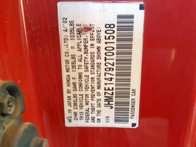 JHMZE14792T001508 - 2002 HONDA INSIGHT RED photo 10