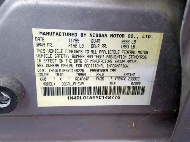 1N4DL01A9YC148776 - 2000 NISSAN ALTIMA XE GRAY photo 10