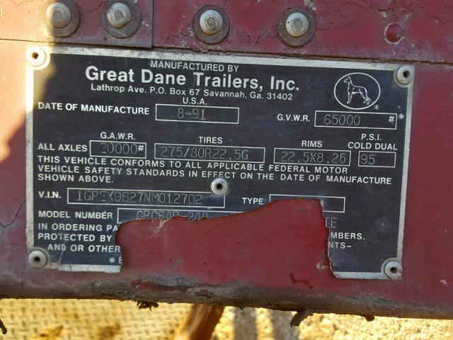 1GREX9627NM012702 - 1992 GREAT DANE TRAILER SEMI TRAIL RED photo 10