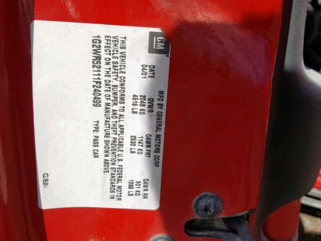 1G2WR52111F240499 - 2001 PONTIAC GRAND PRIX RED photo 10
