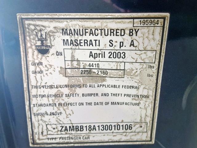 ZAMBB18A130010106 - 2003 MASERATI SPYDER CAM BLUE photo 10