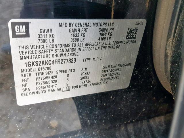 1GKS2AKC4FR277839 - 2015 GMC YUKON SLE BLACK photo 10