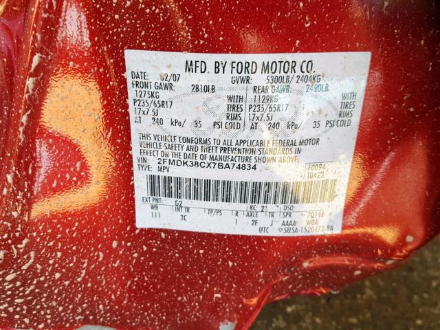 2FMDK38CX7BA74834 - 2007 FORD EDGE SEL SILVER photo 10