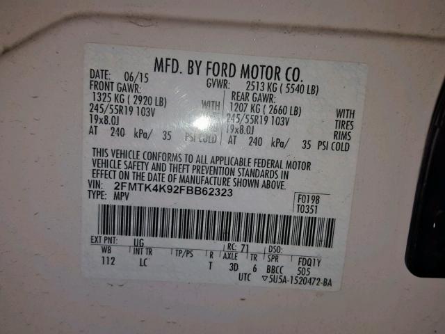 2FMTK4K92FBB62323 - 2015 FORD EDGE TITAN WHITE photo 10