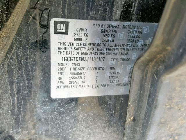 1GCGTCEN3J1131107 - 2018 CHEVROLET COLORADO L BLACK photo 10