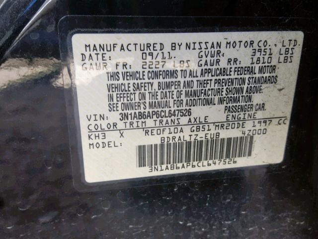 3N1AB6AP6CL647526 - 2012 NISSAN SENTRA 2.0 BLACK photo 10