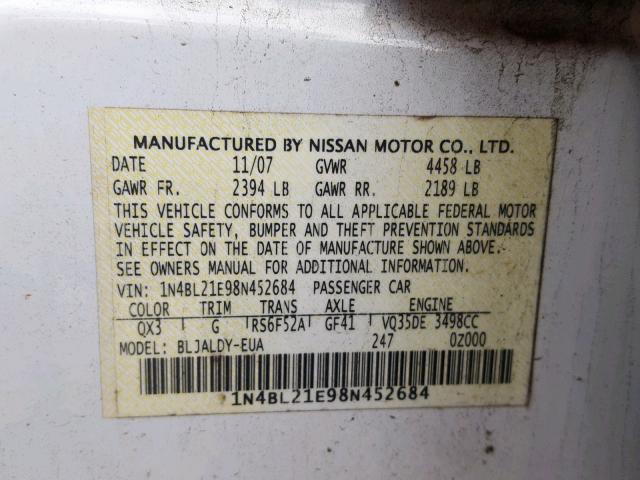 1N4BL21E98N452684 - 2008 NISSAN ALTIMA 3.5 WHITE photo 10