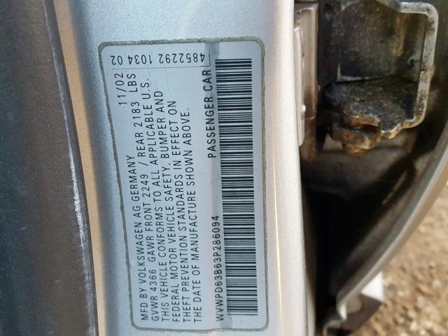 WVWPD63B63P286094 - 2003 VOLKSWAGEN PASSAT GLS GRAY photo 10