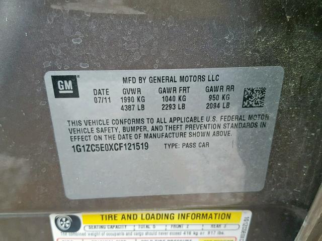 1G1ZC5E0XCF121519 - 2012 CHEVROLET MALIBU 1LT 灰色 照片 10