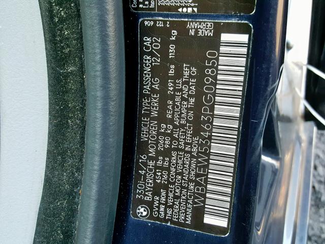 WBAEW53463PG09850 - 2003 BMW 330 XI BLUE photo 10